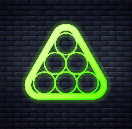 Glowing neon Billiard balls in a rack triangle icon isolated on brick wall background. Vectorのイラスト素材