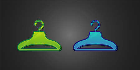 Green and blue Hanger wardrobe icon isolated on black background. Cloakroom icon. Clothes service symbol. Laundry hanger sign. Vectorのイラスト素材
