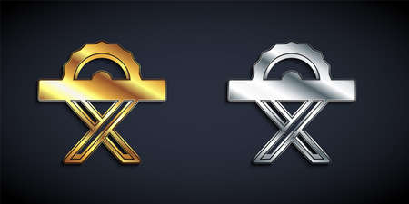 Gold and silver Electric circular saw with steel toothed disc icon isolated on black background. Electric hand tool for cutting wood or metal. Long shadow style. Vectorのイラスト素材