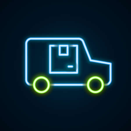 Glowing neon line Delivery cargo truck vehicle icon isolated on black background. Colorful outline concept. Vectorのイラスト素材