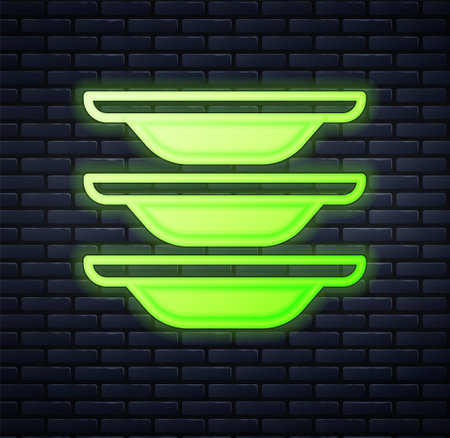 Glowing neon Washing dishes icon isolated on brick wall background. Cleaning dishes icon. Dishwasher sign. Clean tableware sign. Vectorのイラスト素材