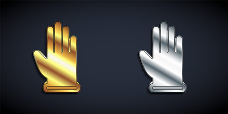 Gold and silver Rubber gloves icon isolated on black background. Latex hand protection sign. Housework cleaning equipment symbol. Long shadow style. Vectorのイラスト素材