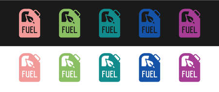 Set Bio fuel canister icon isolated on black and white background. Eco bio and barrel. Green...