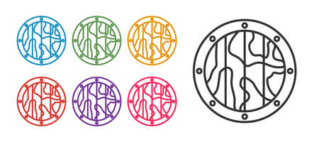 Set line Round wooden shield icon isolated on white background. Security, safety, protection, privacy, guard concept. Set icons colorful. Vectorのイラスト素材