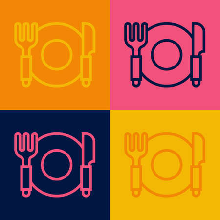 Pop art line Plate, fork and knife icon isolated on color background. Cutlery symbol. Restaurant sign. Vectorのイラスト素材