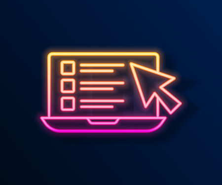 Glowing neon line Online quiz, test, survey or checklist icon isolated on black background. Exam list. E-education concept. Vectorのイラスト素材