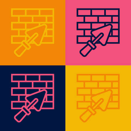 Pop art line Brick wall with trowel icon isolated on color background. Vectorのイラスト素材
