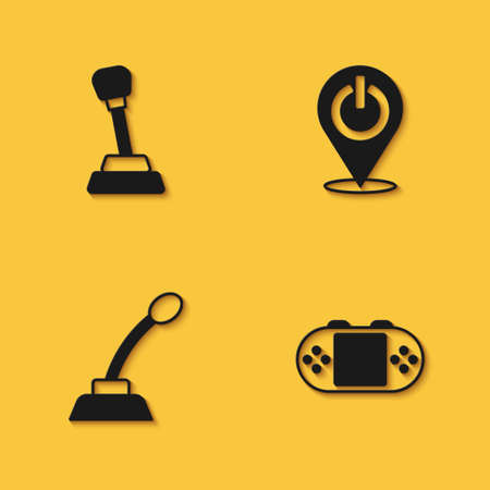 Set Gear shifter, Portable video game console, Microphone and Power button icon with long shadow. Vectorのイラスト素材