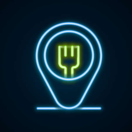 Glowing neon line Cafe and restaurant location icon isolated on black background. Fork eatery sign inside pinpoint. Colorful outline concept. Vector.のイラスト素材