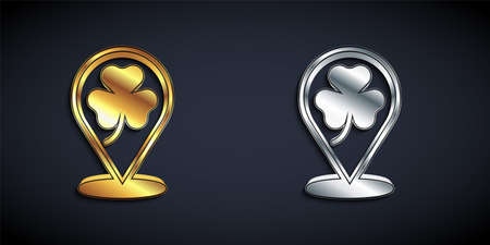 Gold and silver Clover trefoil leaf icon isolated on black background. Happy Saint Patricks day. National Irish holiday. Long shadow style. Vectorのイラスト素材