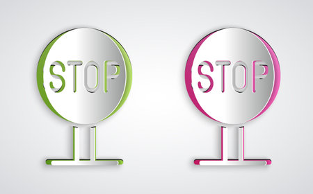 Paper cut Stop sign icon isolated on grey background. Traffic regulatory warning stop symbol. Paper art style. Vectorのイラスト素材