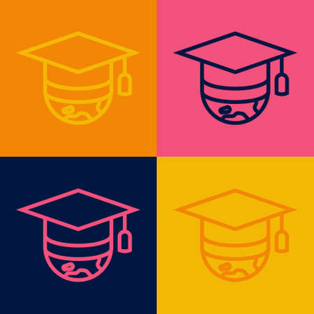 Pop art line Graduation cap on globe icon isolated on color background. World education symbol. Online learning or e-learning concept. Vectorのイラスト素材