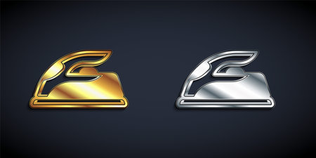 Gold and silver Electric iron icon isolated on black background. Steam iron. Long shadow style. Vectorのイラスト素材