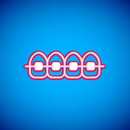 White Teeth with braces icon isolated on blue background. Alignment of bite of teeth, dental row with with braces. Dental concept. Vectorのイラスト素材