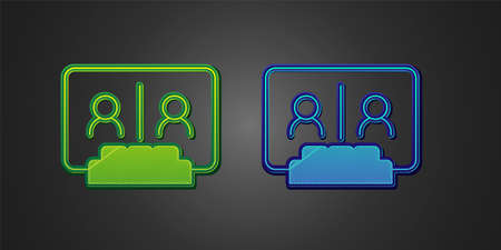 Green and blue Video chat conference icon isolated on black background. Online meeting work form home. Remote project management. Vectorのイラスト素材
