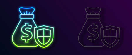 Glowing neon line Money bag with shield icon isolated on black background. Insurance concept. Security, safety, protection, protect concept. Vectorのイラスト素材