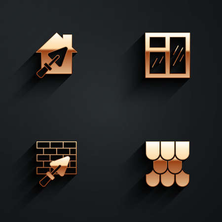 Set House with trowel, Window in room, Brick wall and Roof tile icon with long shadow. Vectorのイラスト素材