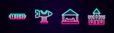 Set line Education logic game, Swing plane, Sandbox with sand and castle. Glowing neon icon. Vectorのイラスト素材