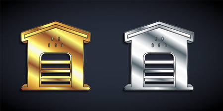 Gold and silver Garage for taxi car icon isolated on black background. Long shadow style. Vectorのイラスト素材