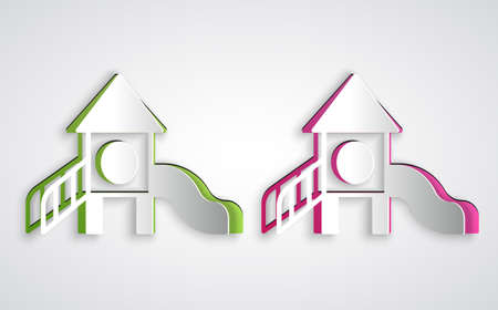 Paper cut Slide playground icon isolated on grey background. Childrens slide. Paper art style. Vectorのイラスト素材