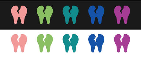 Set Broken tooth icon isolated on black and white background. Dental problem icon. Dental care...