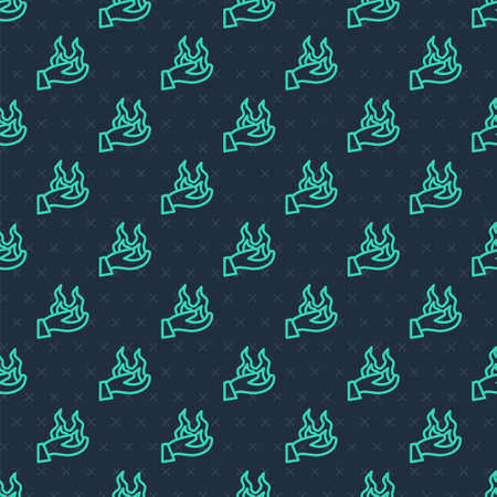 Green line Hand holding a fire icon isolated seamless pattern on blue background. Vectorのイラスト素材