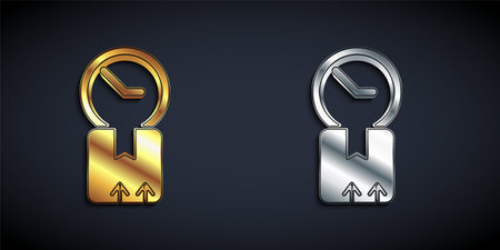 Gold and silver Carton cardboard box and fast time delivery icon isolated on black background. Box,...