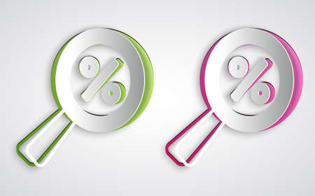 Paper cut Magnifying glass with percent discount icon isolated on grey background. Discount offers searching. Search for discount sale sign. Paper art style. Vectorのイラスト素材
