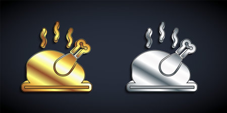 Gold and silver Roasted turkey or chicken icon isolated on black background. Long shadow style. Vectorのイラスト素材