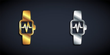 Gold and silver Smart watch showing heart beat rate icon isolated on black background. Fitness App concept. Long shadow style. Vectorのイラスト素材