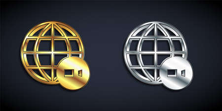 Gold and silver Video chat conference icon isolated on black background. Online meeting work form home. Remote project management. Long shadow style. Vectorのイラスト素材