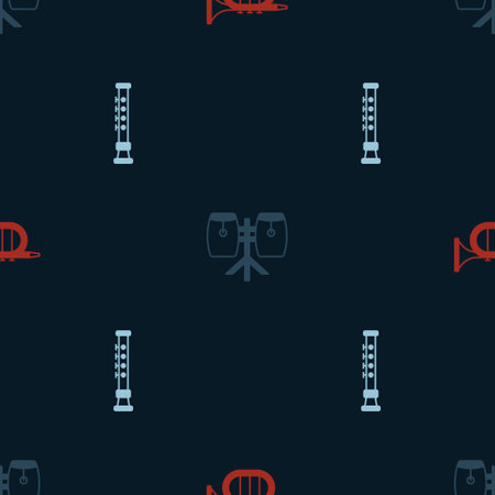 Set Trumpet, Conga drums and Flute on seamless pattern. Vectorのイラスト素材