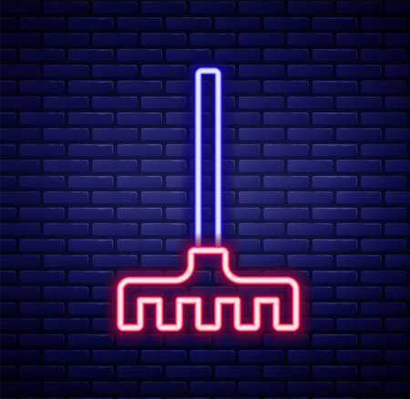 Glowing neon line Garden rake icon isolated on brick wall background. Tool for horticulture, agriculture, farming. Ground cultivator. Housekeeping equipment. Colorful outline concept. Vectorのイラスト素材
