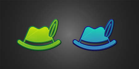 Green and blue Oktoberfest hat icon isolated on black background. Hunter hat with feather. German hat. Vectorのイラスト素材