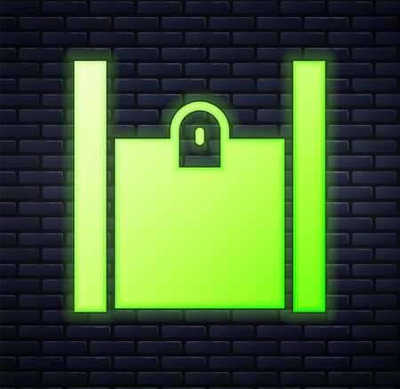 Glowing neon Paper shopping bag icon isolated on brick wall background. Package sign. Vectorのイラスト素材
