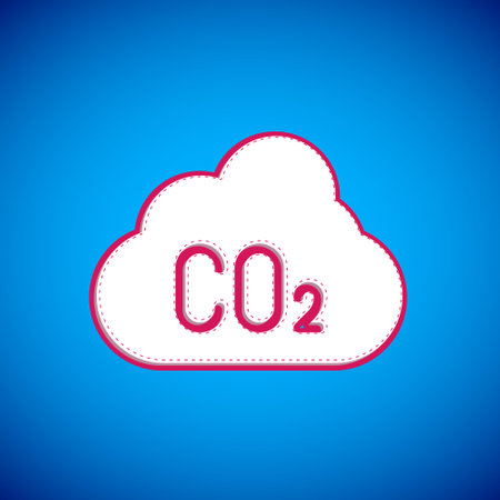 White CO2 emissions in cloud icon isolated on blue background. Carbon dioxide formula, smog pollution concept, environment concept. Vectorのイラスト素材