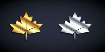 Gold and silver Canadian maple leaf icon isolated on black background. Canada symbol maple leaf....