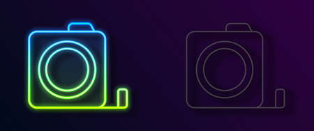 Glowing neon line Roulette construction icon isolated on black background. Tape measure symbol. Vectorのイラスト素材