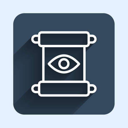 White line Magic scroll icon isolated with long shadow background. Decree, paper, parchment, scroll icon. Blue square button. Vectorのイラスト素材