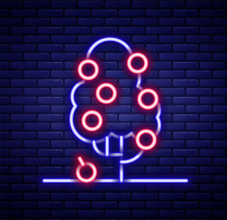 Glowing neon line Fruit tree icon isolated on brick wall background. Agricultural plant. Organic farm product. Fruit garden. Gardening theme. Colorful outline concept. Vectorのイラスト素材