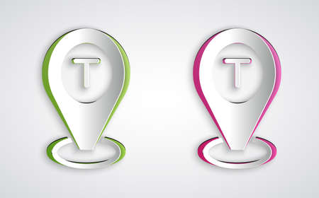 Paper cut Map pointer with taxi car icon isolated on grey background. Location symbol. Paper art style. Vectorのイラスト素材