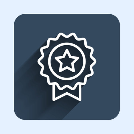 White line Medal with star icon isolated with long shadow background. Winner achievement sign. Award medal. Blue square button. Vectorのイラスト素材