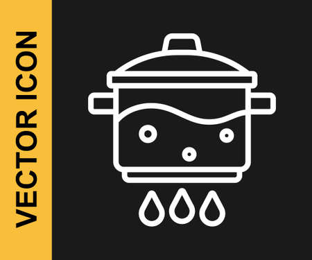 White line Cooking pot on fire icon isolated on black background. Boil or stew food symbol. Vectorのイラスト素材