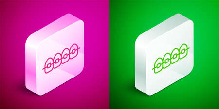 Isometric line Teeth with braces icon isolated on pink and green background. Alignment of bite of teeth, dental row with with braces. Dental concept. Silver square button. Vectorのイラスト素材