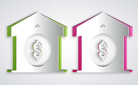 Paper cut Warehouse price icon isolated on grey background. Paper art style. Vectorのイラスト素材