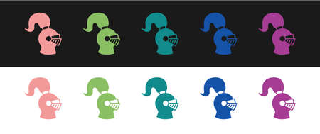 Set Medieval iron helmet for head protection icon isolated on black and white background. Knight helmet. Vectorのイラスト素材