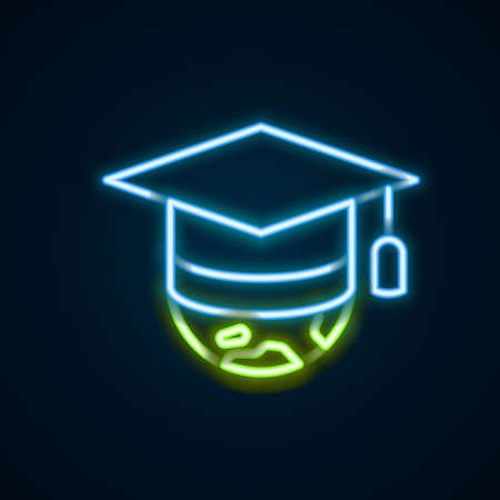 Glowing neon line Graduation cap on globe icon isolated on black background. World education symbol. Online learning or e-learning concept. Colorful outline concept. Vectorのイラスト素材