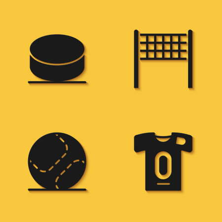 Set Hockey puck, Football jersey and t-shirt, Baseball and Volleyball net icon with long shadow. Vectorのイラスト素材