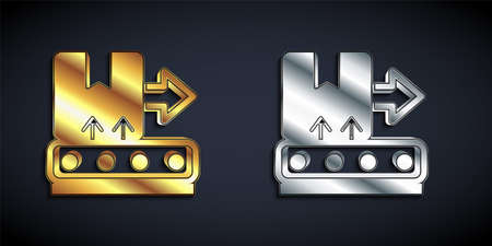 Gold and silver Conveyor belt with cardboard box icon isolated on black background. Long shadow style. Vector.のイラスト素材