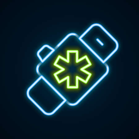 Glowing neon line Smart watch showing heart beat rate icon isolated on black background. Fitness App concept. Colorful outline concept. Vectorのイラスト素材